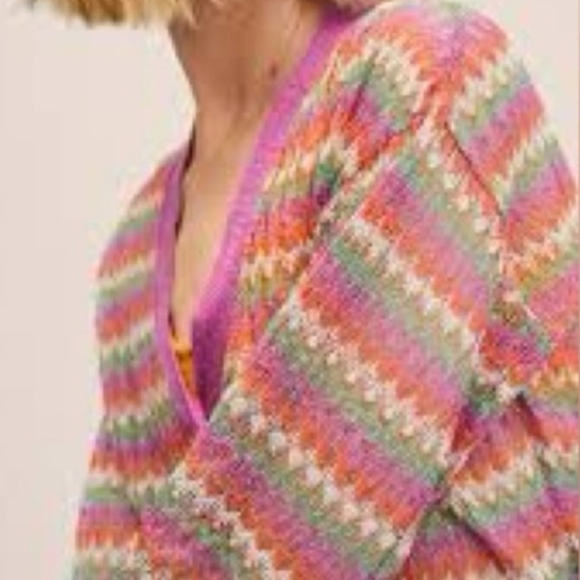 Mango Pink Sheer Multicolored Striped Button Front Cardigan Coquette Girl Dainty - Picture 14 of 14
